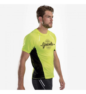T-shirt sport homme personnalisé manches courtes jaune fluo avec logo imprimé sur la poitrine