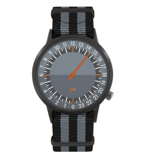 montre personnalisable avec bracelet noir et gris et aiguille orange