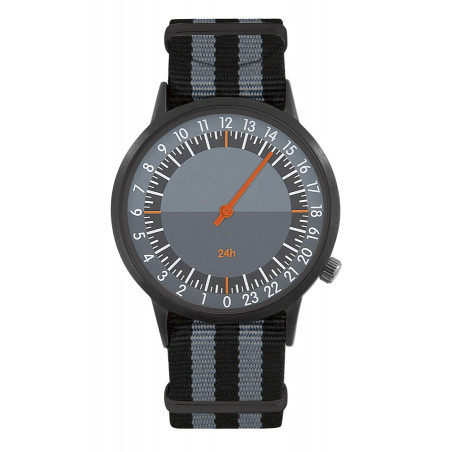 montre personnalisable avec bracelet noir et gris et aiguille orange