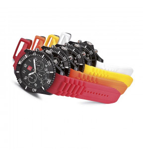 montres personnalisables avec bracelet en silicone rouge, orange, jaune et blanc
