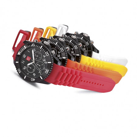 montres personnalisables avec bracelet en silicone rouge, orange, jaune et blanc