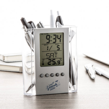 Pot à stylos affichage multifonction calendrier, heure et température - Génicado