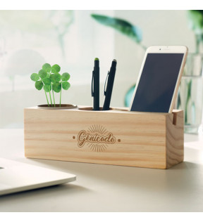 Plante de bureau avec support téléphone et pot à crayons en bois - Génicado