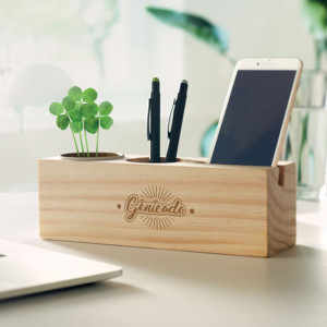 Plante de bureau avec support téléphone et pot à crayons en bois - Génicado