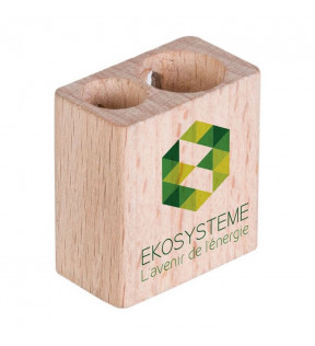 Taille crayon à double trou en bois made in Europe personnalisable avec votre logo