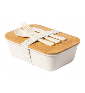 lunch box blanche  avec couvercle en bambou et couverts blancs