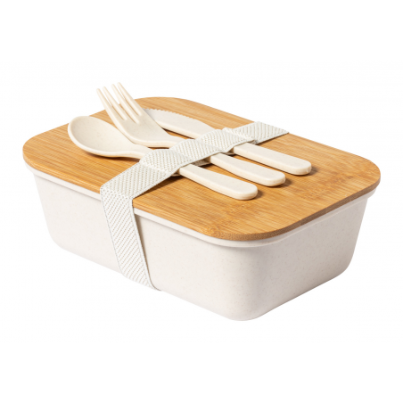 lunch box blanche  avec couvercle en bambou et couverts blancs