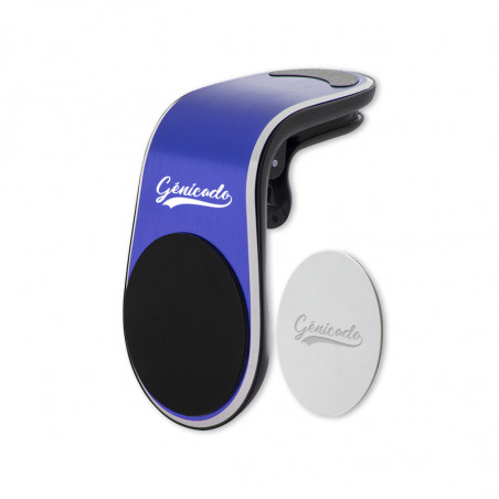 Supporte téléphone aimanté voiture bleu en aluminium marquant logo - Génicado