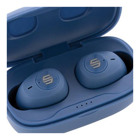 ecouteurs personnalisés bleu dans leur boîte de rangement