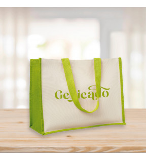 sac en toile de jute vert personnalisé avec logo imprimé