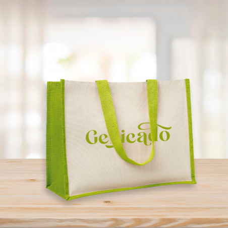 sac en toile de jute vert personnalisé avec logo imprimé