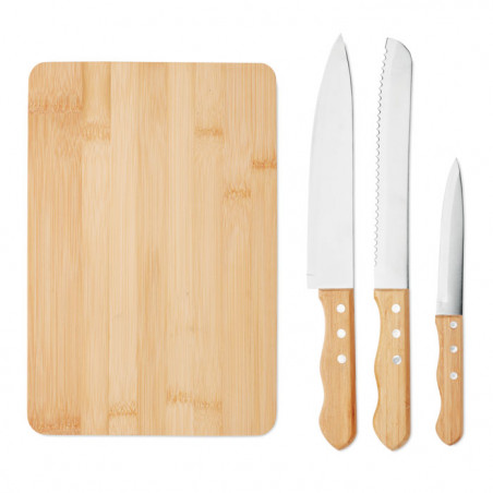 planche bois à découper en bambou avec set de 3 couteaux