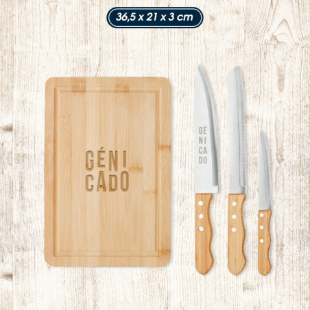Planche à découper bois massif en bambou avec ses 3 couteaux marqué avec logo Génicado
