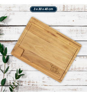 planche à découper bois pour cuisine teck avec exemple marquage logo Génicado