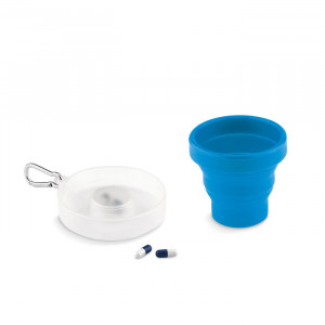 Gobelet pliable avec pilulier dans son couvercle goubelet silicone bleue