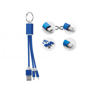 Porte-clé chargeur avec trois câbles en PVC couleur bleu roi