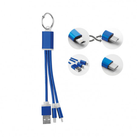 Porte-clé chargeur avec trois câbles en PVC couleur bleu roi