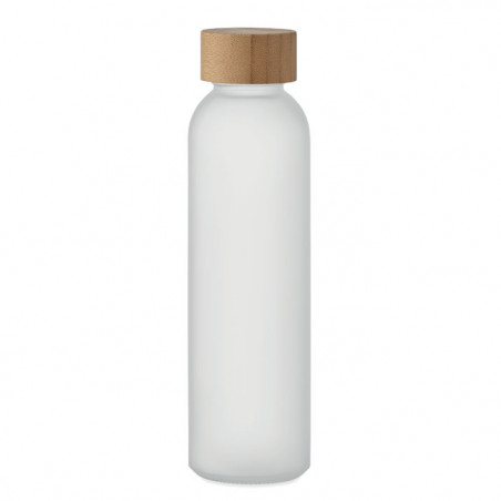 bouteille d'eau en verre blanc avec finition givrée 500 ml et bouchon anti-fuite en bambou