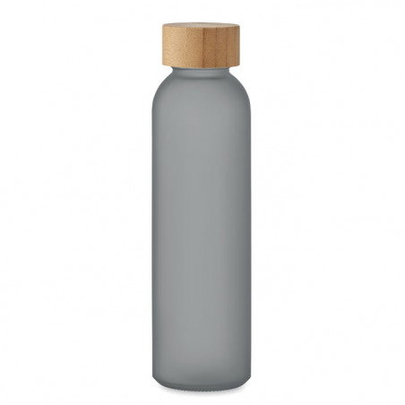 bouteille d'eau en verre noir translucide avec finition givrée 500 ml et bouchon anti-fuite en bambou