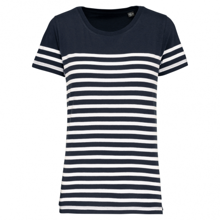 T-shirt marinière manche courte femme 100% coton Bio rayure blanc avec des bords bleu marine
