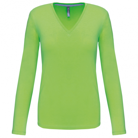 T-shirt manches longues 100% coton femme col V certifié OEKO TEX citron vert