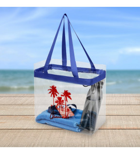 sac de plage publicitaire transparent avec anses bleues