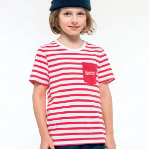 t-shirt marinière enfant blanc à rayures rouges avec logo blanc imprimé - Génicado