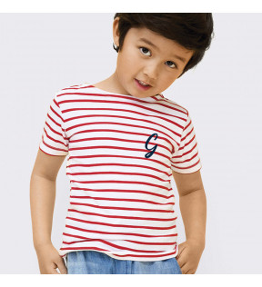 t-shirt marinière garçon et fille avec logo bleu marine imprimé côté coeur - Génicado