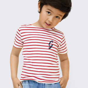 t-shirt marinière garçon et fille avec logo bleu marine imprimé côté coeur - Génicado
