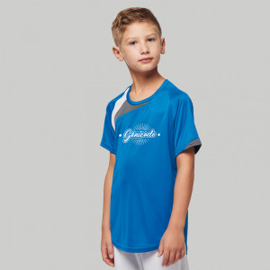 maillot de foot enfant personnalisé bleu avec logo imprimé sur la poitrine