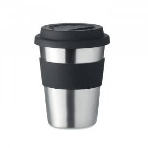 mug en acier inoxydable avec bandeau en silicone et couvercle noir