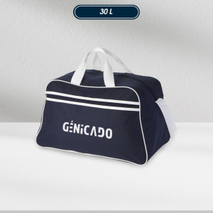 sac de sport personnalisé bleu marine avec logo blanc imprimé sur le côté