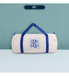 sac de sport personnalisable blanc avec anses bleu et logo imprimé