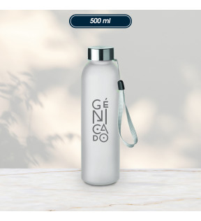 bouteille d'eau en verre avec couvercle en acier inox et exemple logo - Génicado
