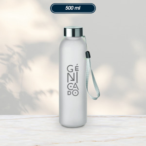 bouteille d'eau en verre avec couvercle en acier inox et exemple logo - Génicado