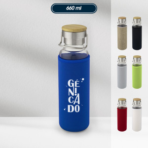 Bouteille d'eau en verre borosilicate solide avec manchon de protection marquant logo - Génicado