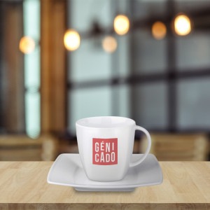 set tasse et sous-tasse à café avec logo rouge imprimé