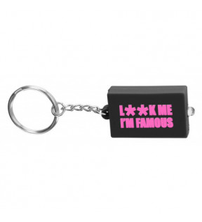 Porte-clés lampe PVC souple 2D deux faces couleur noire écriture rose fluo
