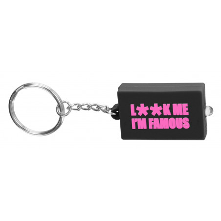 Porte-clés lampe PVC souple 2D deux faces couleur noire écriture rose fluo