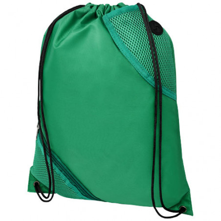 sac cordon vert en polyester équipé de 2 petites poches en maille filet à l'avant
