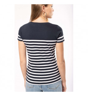T-shirt marinière manche courte femme 100% coton Bio rayures blanches bords bleu marine