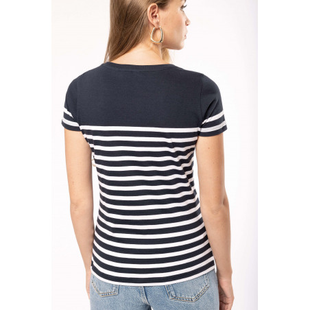 T-shirt marinière manche courte femme 100% coton Bio rayures blanches bords bleu marine