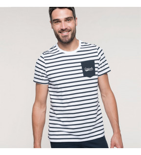 t-shirt marinière homme manche courte avec exemple marquage côté coeur sur la poche - Génicado