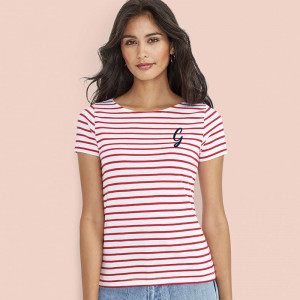 T-shirt marinière femme col rond 100% coton avec exemple marquage côté coeur - Génicado