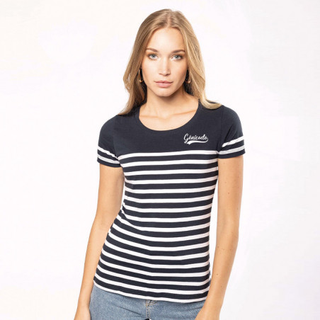 T-shirt marinière manche courte femme 100% coton Bio avec marquage que le coeur - Génicado