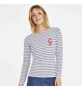 T-shirt marinière femme manches longues en coton avec exemple marquage côté coeur - Génicado