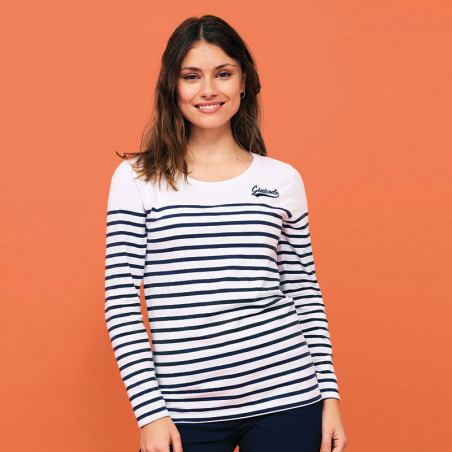 T-shirt marinière femme manches longues avec exemple marquage côté coeur - Génicado