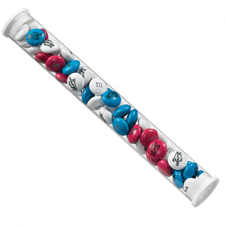 Chocolat m&m's bleu blanc rouge marqué avec votre logo dans une tube pour marketing