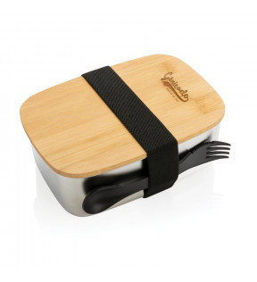 Lunch box en acier avec couvercle en bambou et cuichette