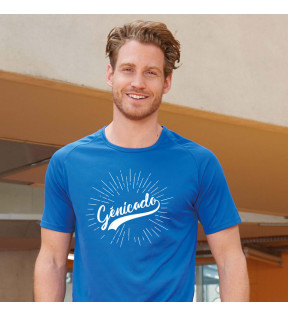 T-shirt homme sport personnalisé bleu royal avec visuel publicitaire imprimé en blanc sur la poitrine